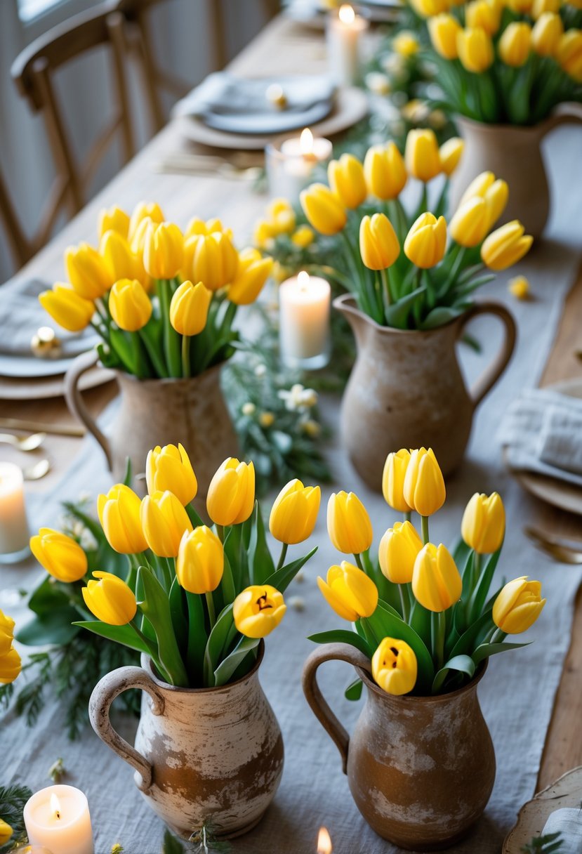 A full table set with bright yellow tulips in rustic pitchers, surrounded by candles and additional floral arrangements.