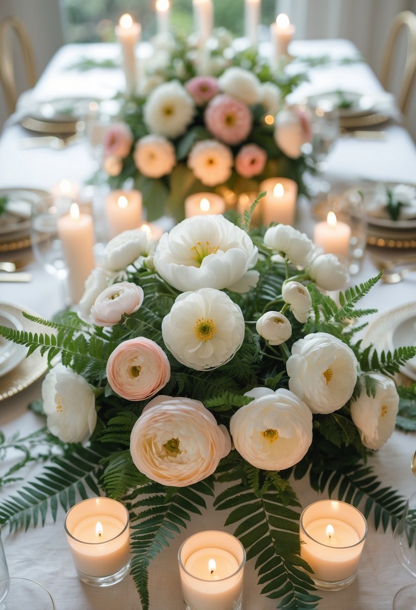 A full view of a table set for an event with a centerpiece of ranunculus flowers and ferns surrounded by lit candles.