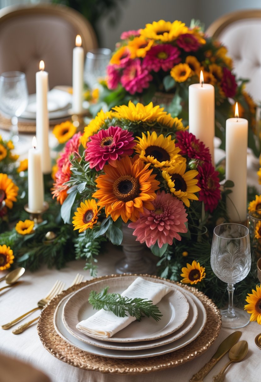 A full view of a table set for an event with colorful zinnia and sunflower centerpieces, candles, and tableware arranged neatly under natural light.