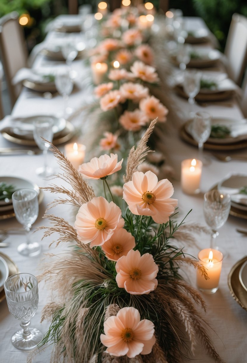 A full view of a table decorated with peach cosmos flowers, wild grasses, lit candles, and elegant tableware arranged for a festive event.