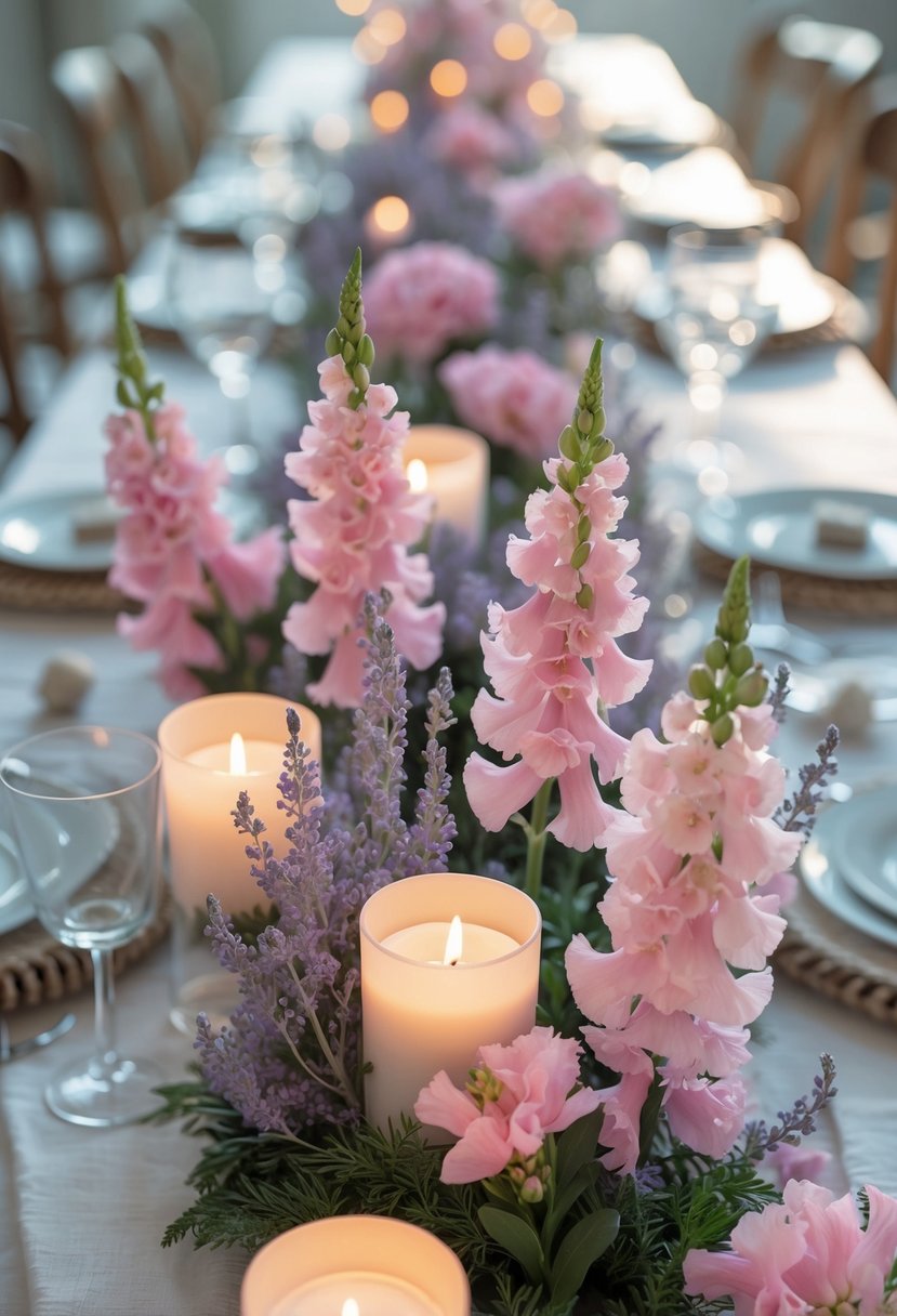 A beautifully arranged event table with pink snapdragons and lavender flowers as centerpieces, surrounded by candles and tableware under natural light.