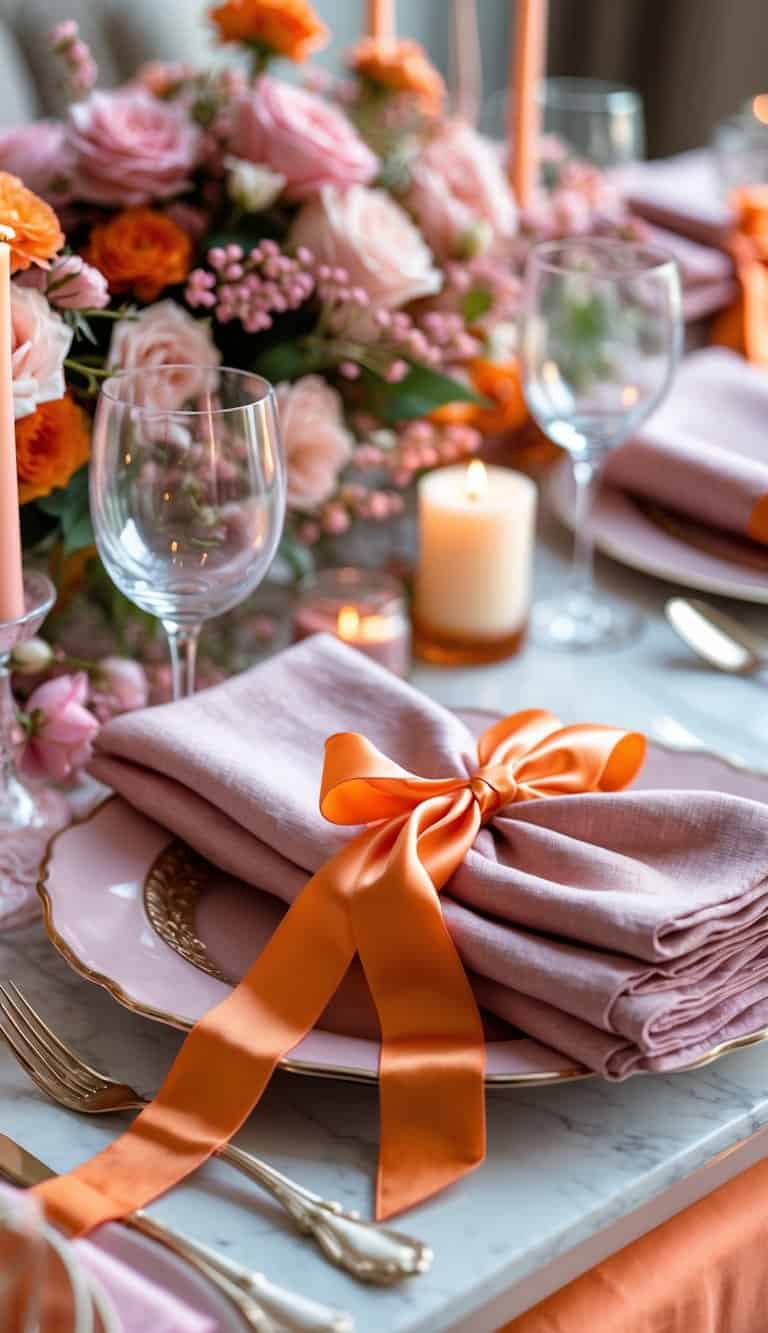 A table set with dusty rose napkins tied with orange ribbons, surrounded by pink and orange decorations and tableware.