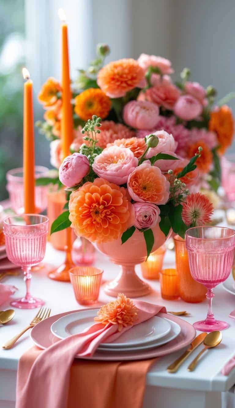 A table decorated with orange and pink floral centerpieces and matching pink and orange table settings.