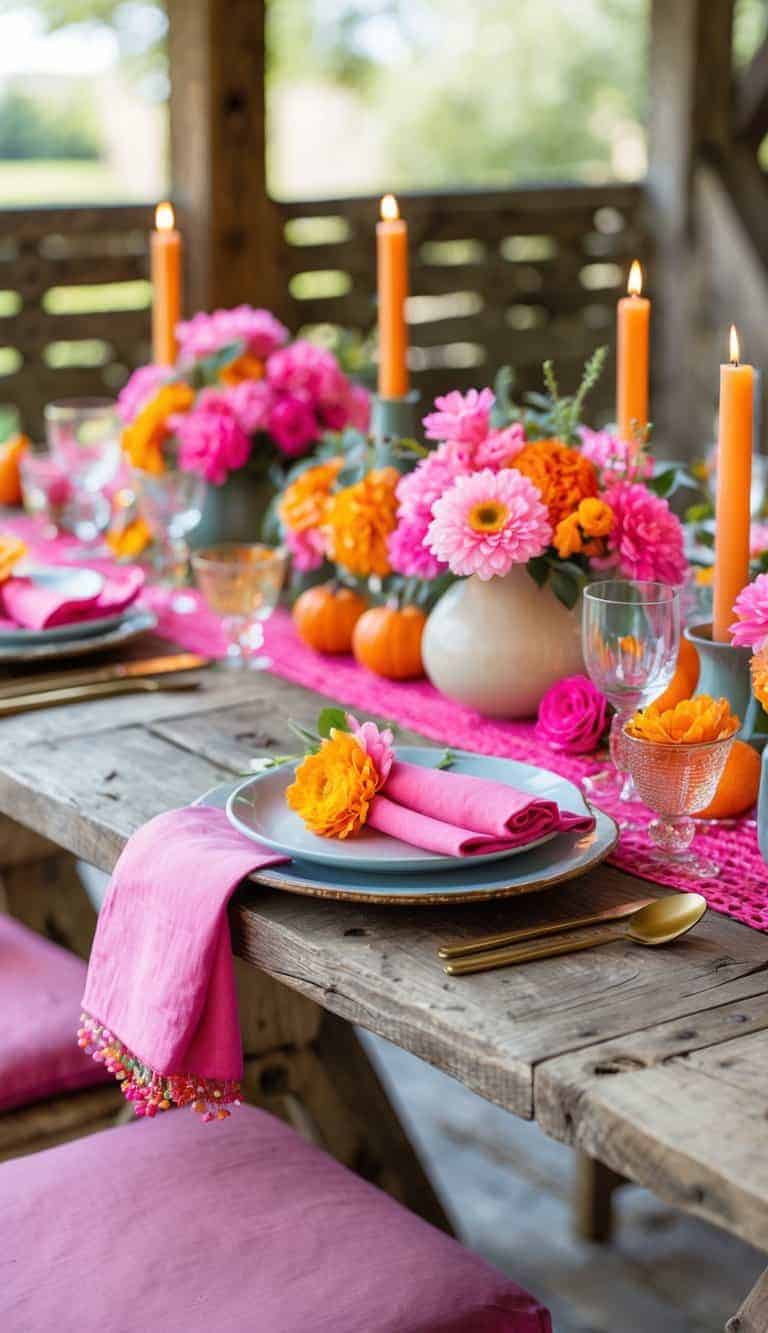 A rustic wooden table decorated with pink and orange flowers, candles, and tableware.