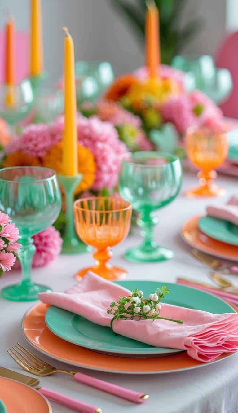 A table set with mint green and orange glassware alongside pink and orange decor and floral arrangements.