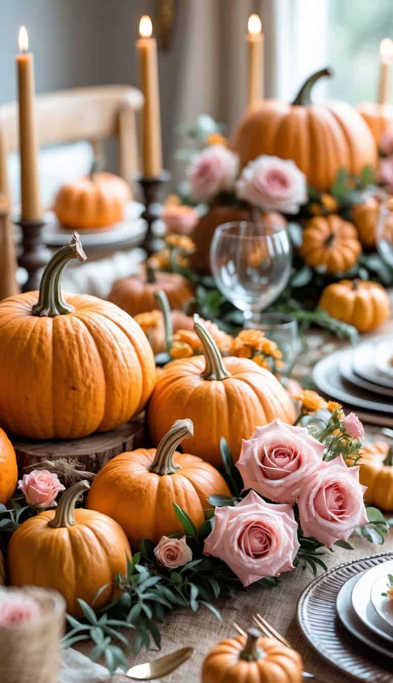 A fall tablescape with orange pumpkins and pink roses arranged on a decorated table.