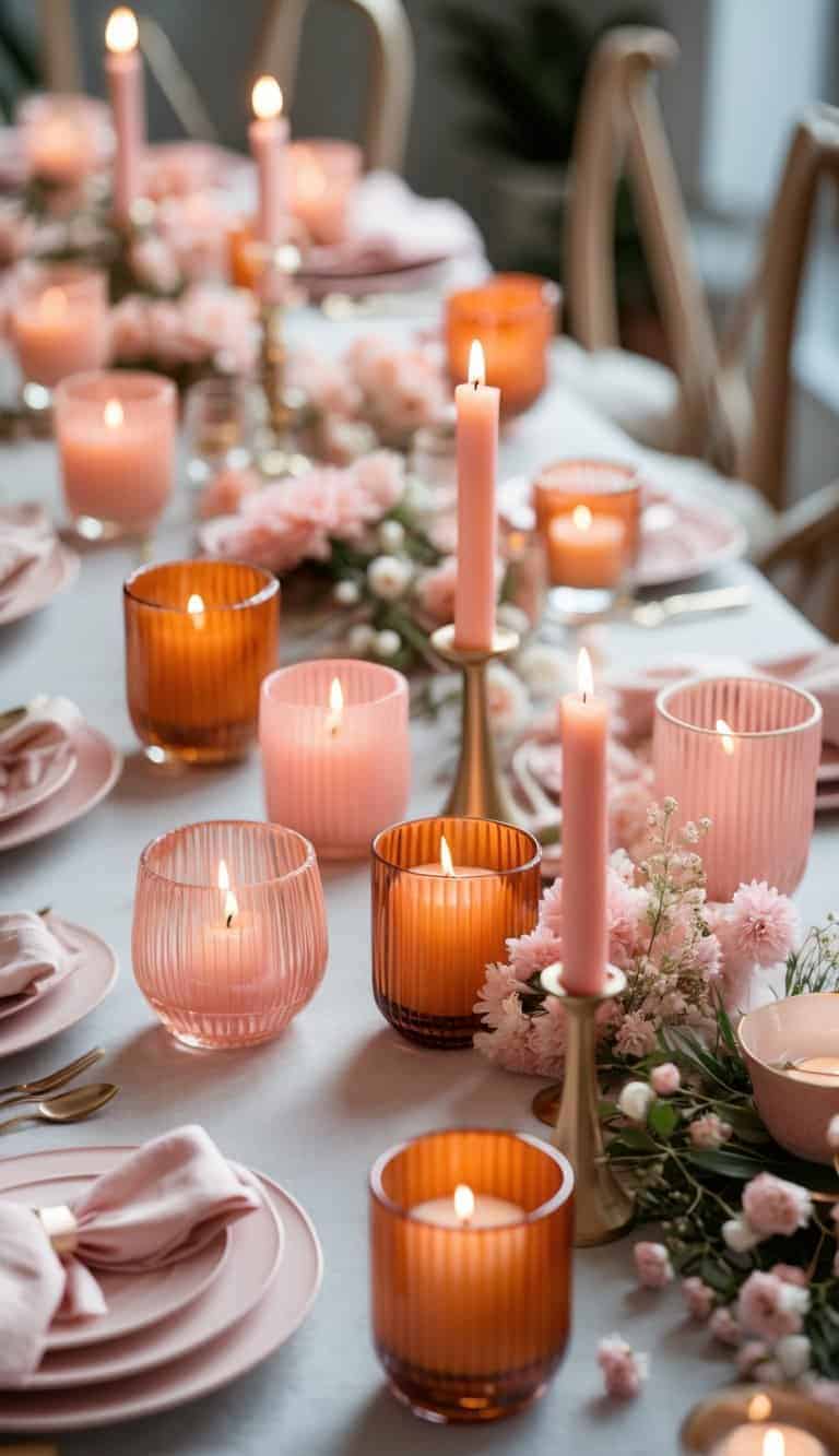 A table decorated with blush pink and burnt orange votive candle holders arranged among soft linens and floral accents.