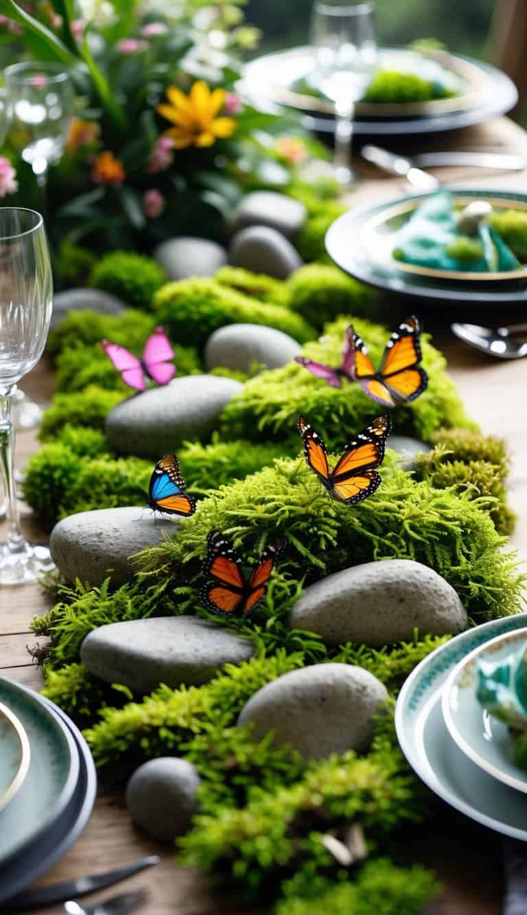 A garden tablescape with green moss, smooth rocks, and colorful butterflies perched on them.