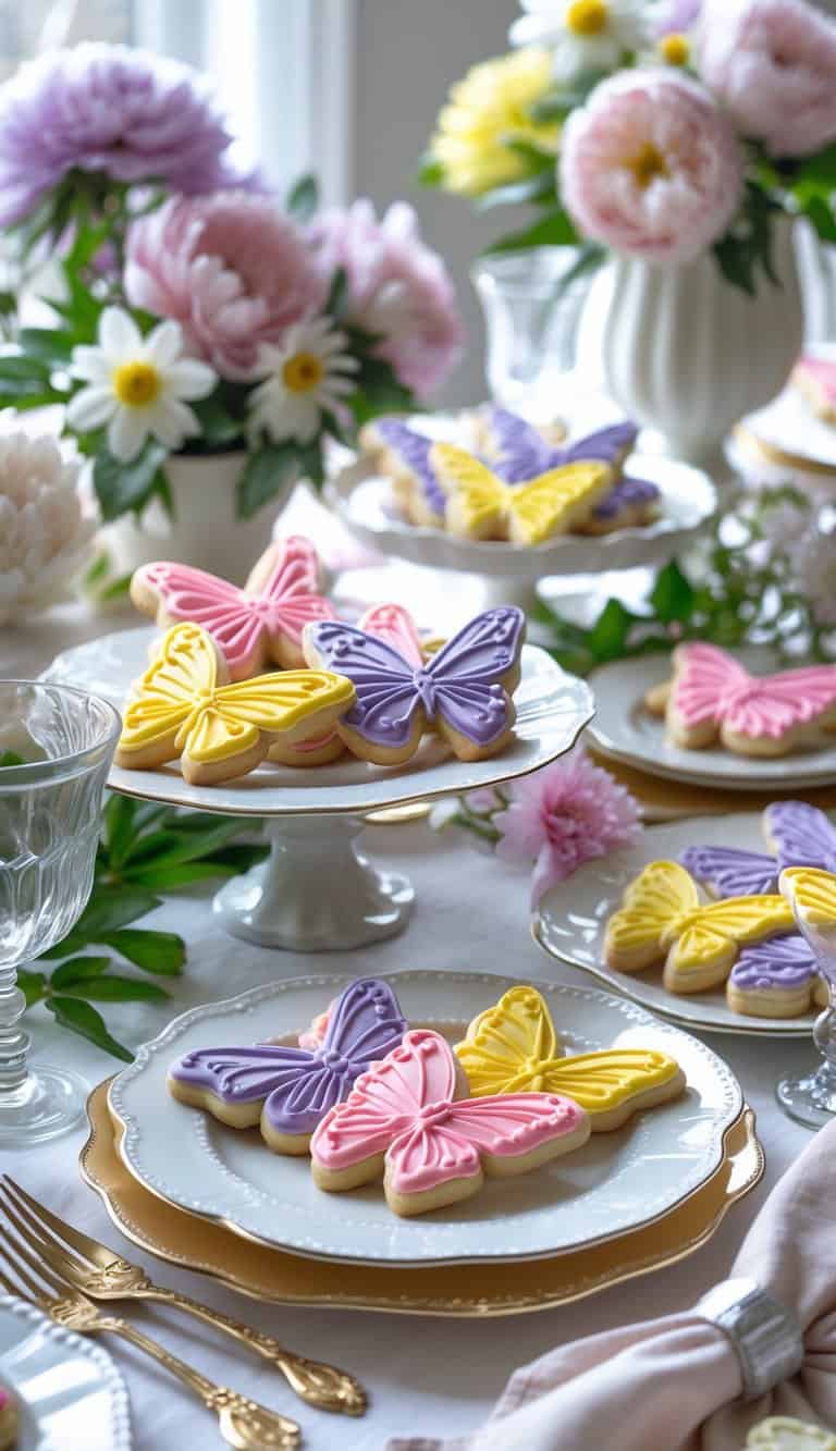 A table set with butterfly-shaped sugar cookies, plates, glassware, and fresh flowers arranged as an elegant tablescape.