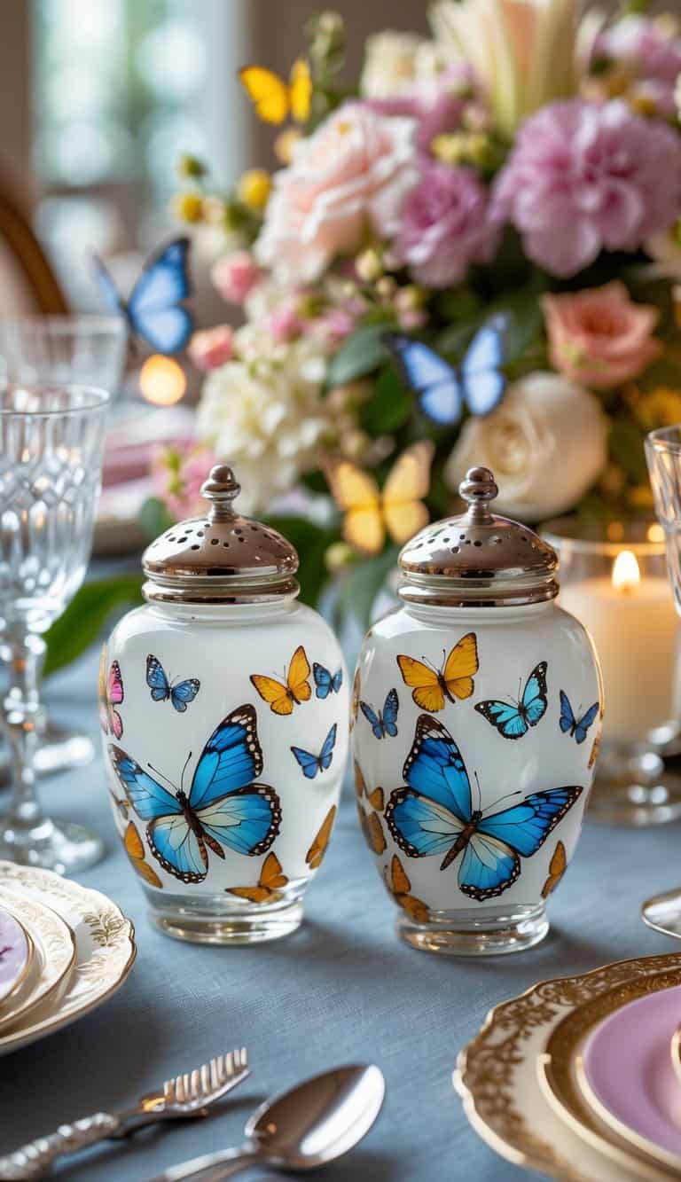A pair of butterfly-themed salt and pepper shakers on a decorated dining table with butterfly decorations, flowers, and candles.
