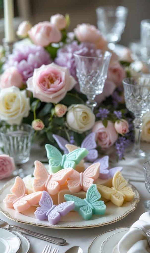 A table set with crystal glasses and silverware features a centerpiece of pastel roses and a platter of colorful butterfly-shaped desserts.