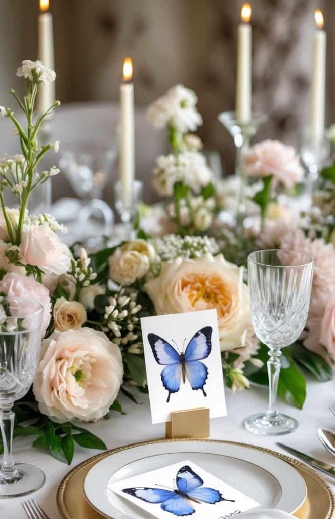 Elegant table setting with gold-edged plates, crystal glassware, white napkins, butterfly-themed place cards, and floral centerpiece of white and pale pink roses, with lit candles in the background.