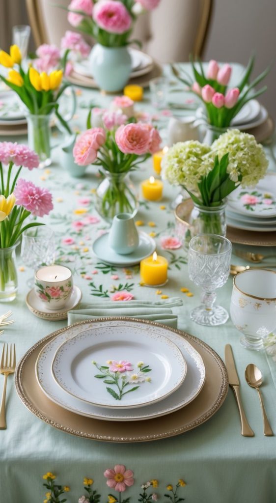 A dining table set with floral-patterned plates, gold cutlery, crystal glasses, and decorated with vases of fresh flowers and lit candles on a pastel embroidered tablecloth.