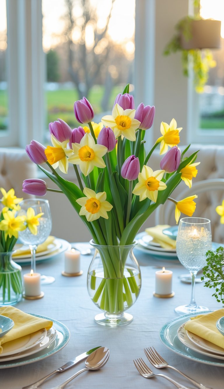 A table set for a spring brunch with a centerpiece of fresh tulips and daffodils in a glass vase.