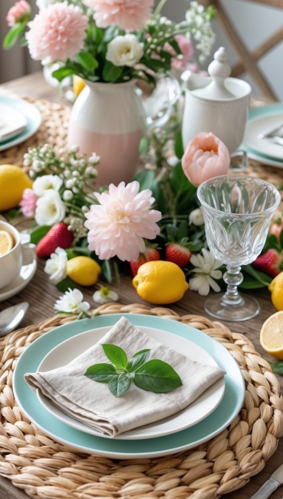 A dining table set with plates, napkins, woven placemats, fresh flowers in a vase, lemons, strawberries, and a tea set, creating a bright and fresh springtime arrangement.
