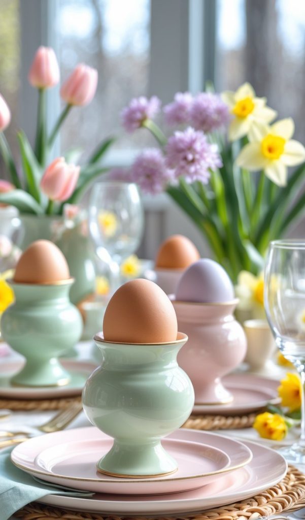 A spring-themed table setting with pastel-colored plates, egg cups holding brown eggs, and fresh tulips and daffodils in the background.