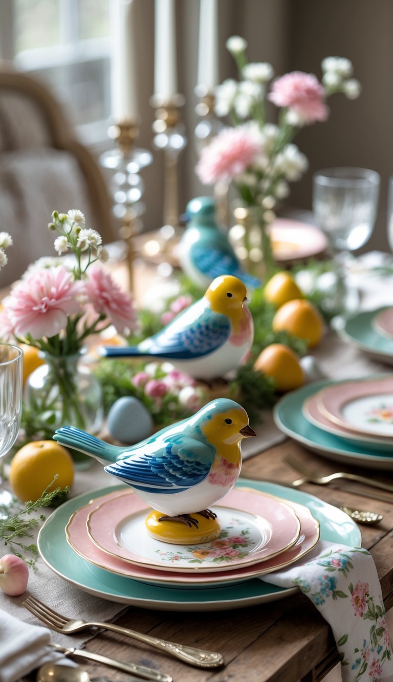 A spring brunch table decorated with hand-painted ceramic bird figurines, fresh flowers, plates, and glassware.
