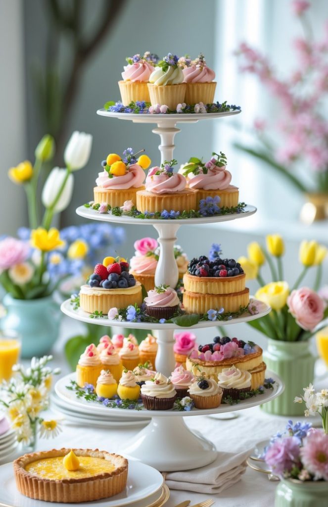 A tiered stand displays assorted decorated cupcakes and fruit tarts on a table, surrounded by vases of colorful flowers and a lemon tart in the foreground.