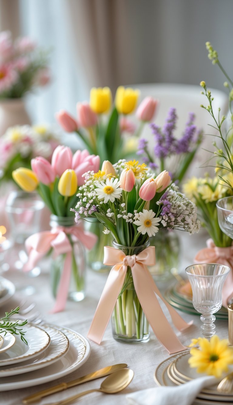 A table set for a spring brunch with small bouquets tied with satin ribbons arranged among plates and glassware.