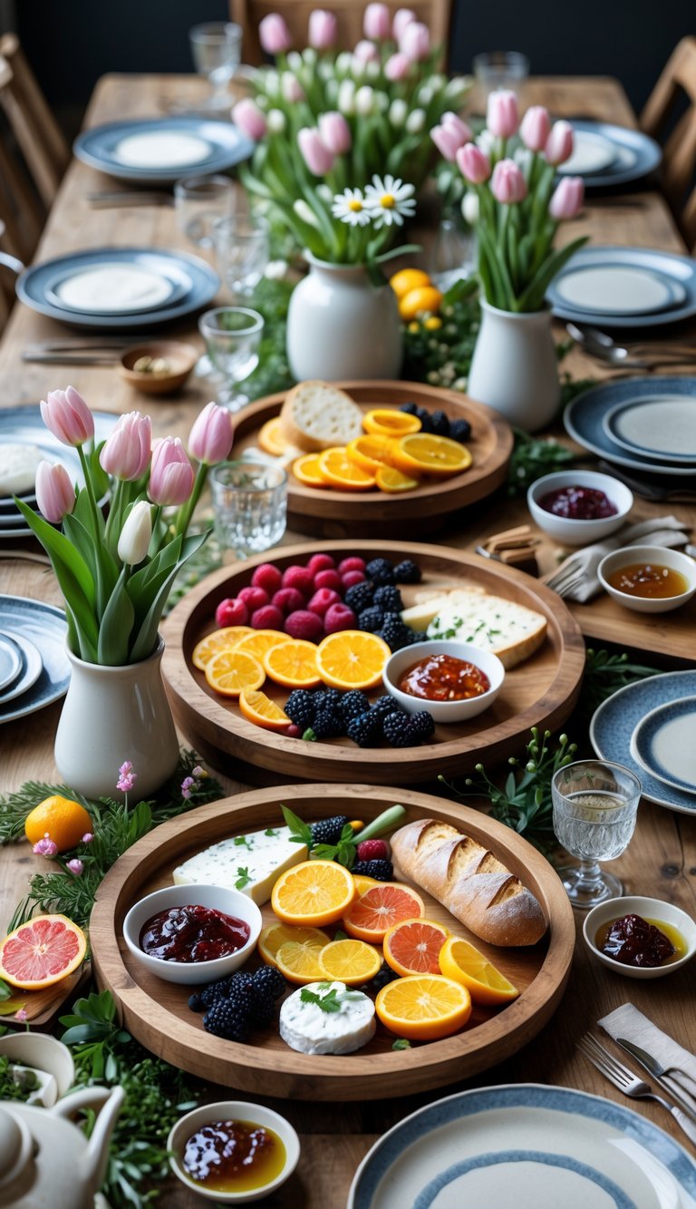 A wooden table set with rustic wooden serving trays holding fresh fruits, bread, cheeses, and spring flowers arranged for a brunch.