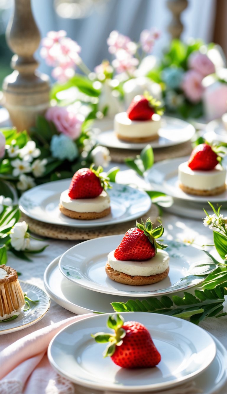 Dessert plates garnished with fresh strawberries arranged on a spring brunch table with pastel linens and floral decorations.