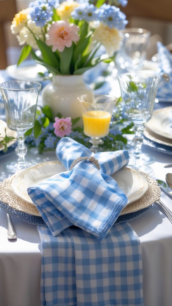 A table set with blue and white checkered napkins, white plates, glassware, cutlery, a vase of pastel flowers, and a glass of orange juice.