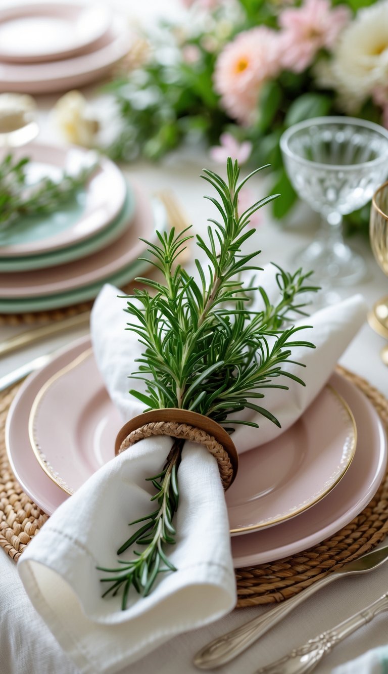 A spring brunch table with fresh rosemary sprigs tucked into napkin rings on white napkins, surrounded by plates and glassware.