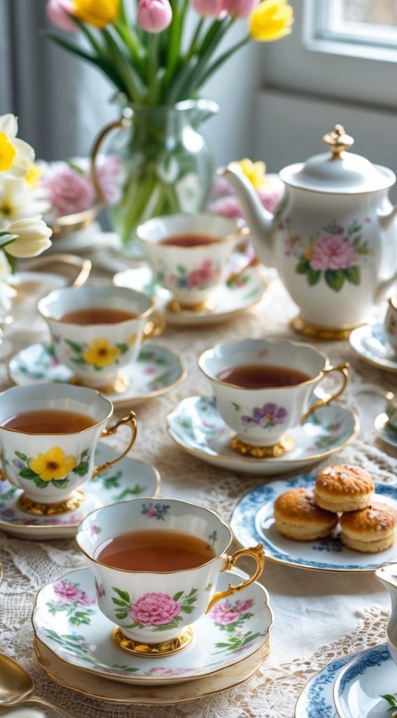 A table set for tea with floral china teacups, a teapot, plates of pastries, and vases of yellow and pink flowers near a window.