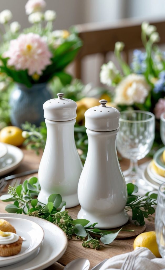 Two white ceramic salt and pepper shakers are placed on a wooden dining table set with plates, cupcakes, glassware, and floral decorations.