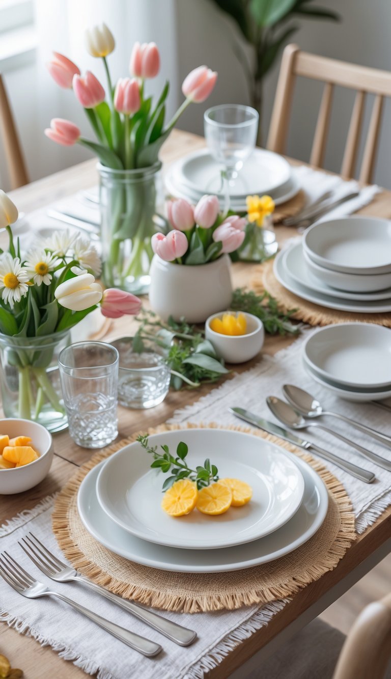 A spring brunch table setting with natural linen placemats, fresh flowers, white plates, glassware, and silver cutlery on a wooden table.