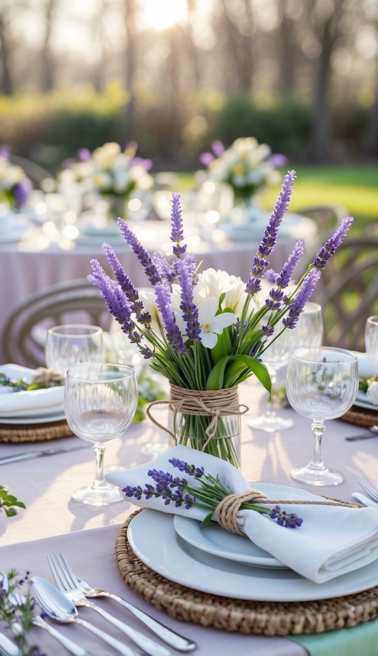 A spring brunch table with napkins tied with lavender sprigs, set with plates, glasses, and silverware outdoors.