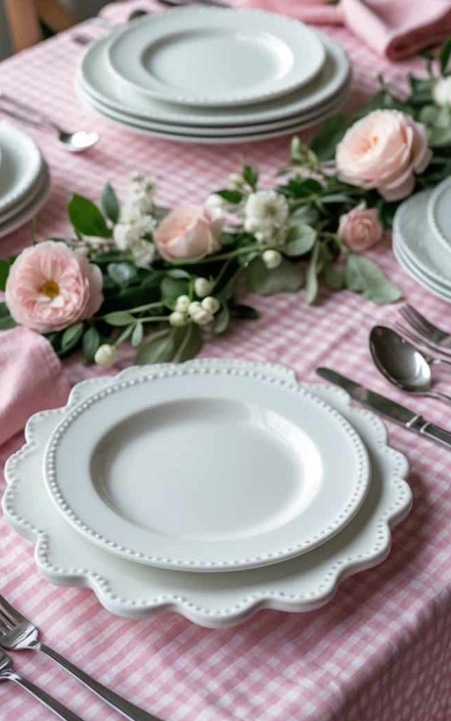 Table set with white plates, silverware, and pink napkins on a pink gingham tablecloth, decorated with a floral arrangement of pink and white flowers.