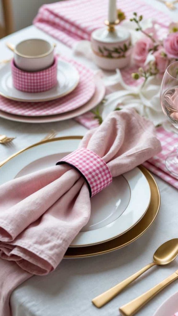 Elegant table setting with pink and white gingham napkin rings, pink napkins, white plates with gold rims, pink flowers, and gold cutlery on a white tablecloth.