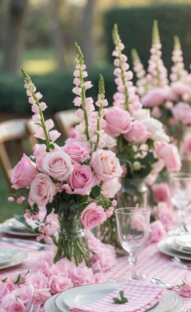Elegant outdoor table setting with pink checkered tablecloth, plates, glassware, and large pink rose and foxglove floral centerpieces. Pink flower petals are scattered on the table.