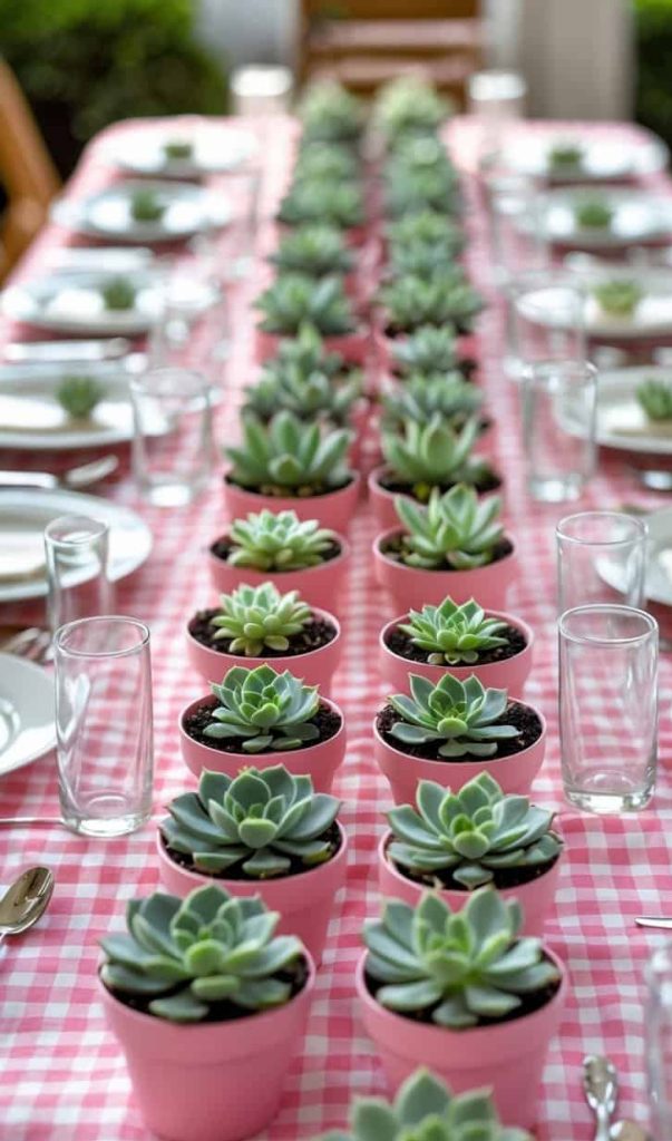A long table with a pink checkered tablecloth is set with plates, glasses, and cutlery, and decorated with rows of small potted succulents in pink pots.