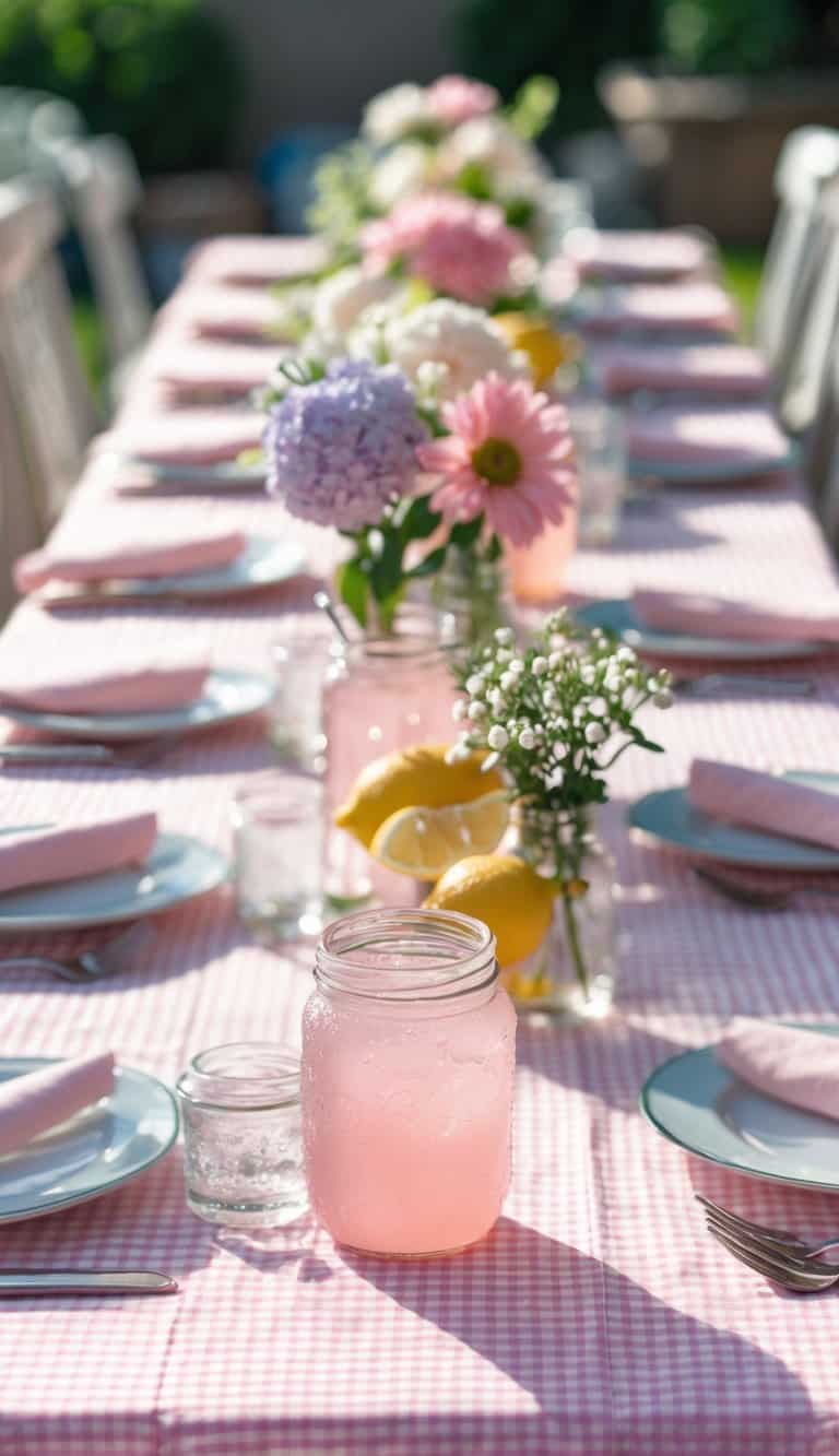 A long table with a pink gingham tablecloth set outdoors, each seat featuring a small glass jar filled with pink lemonade.