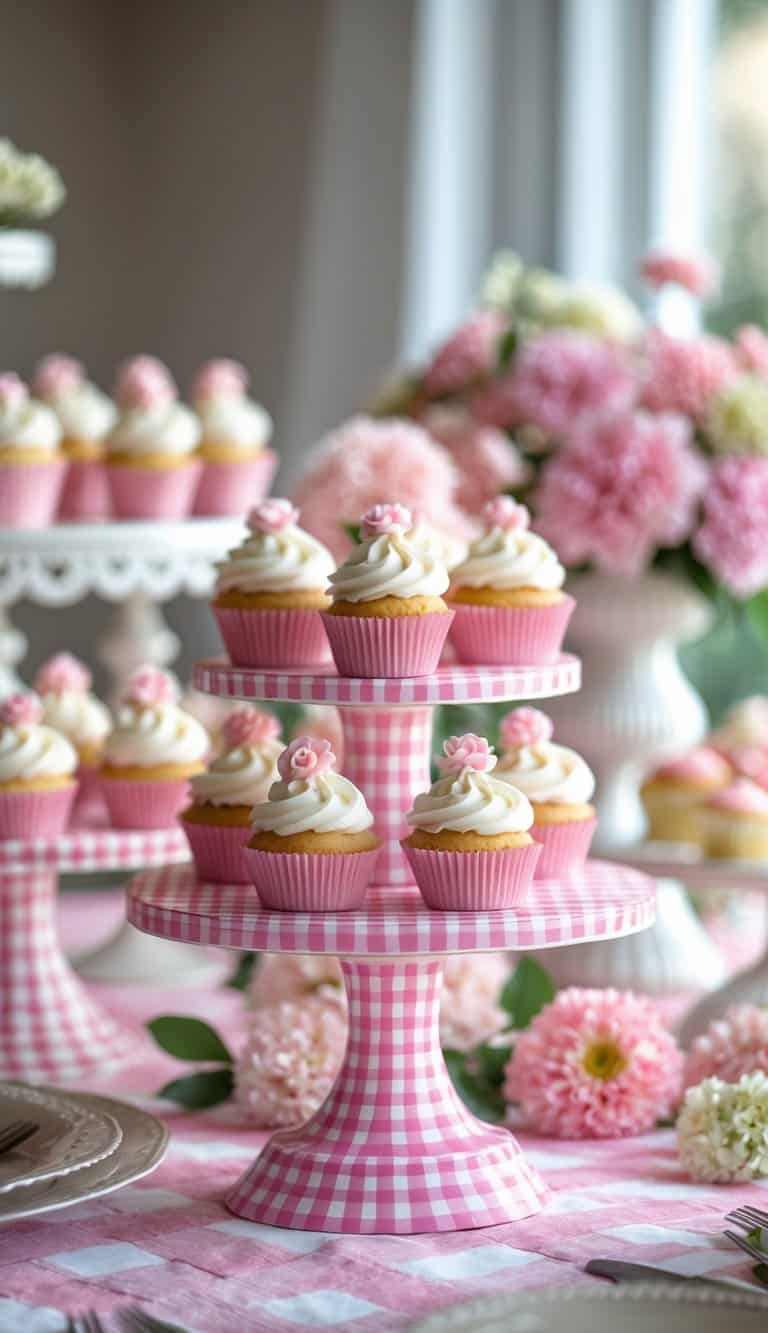 A table set with pink gingham patterned cake stands holding cupcakes, surrounded by matching tablecloth and floral decorations.