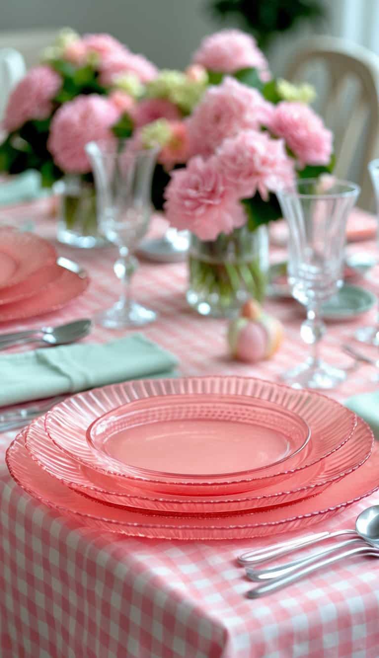 A table set with pink coral glass plates on a pink gingham tablecloth, arranged with cutlery and glassware.