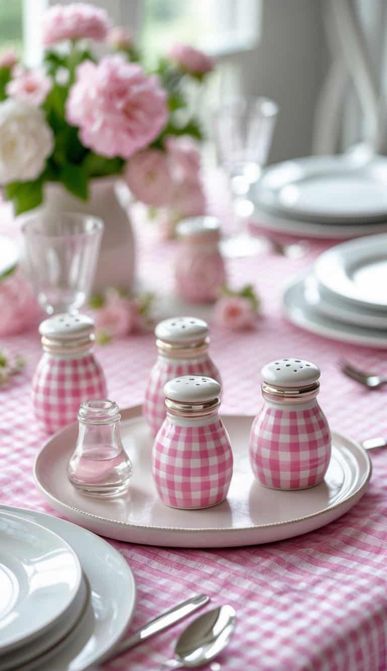 A table set with pink gingham patterned salt cellars on a matching pink gingham tablecloth, surrounded by plates and glassware.