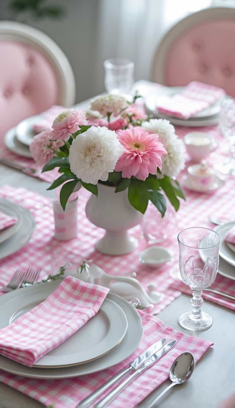 A table set with pink gingham linen placemats, white plates, glassware, silver cutlery, and a vase of pink and white flowers.