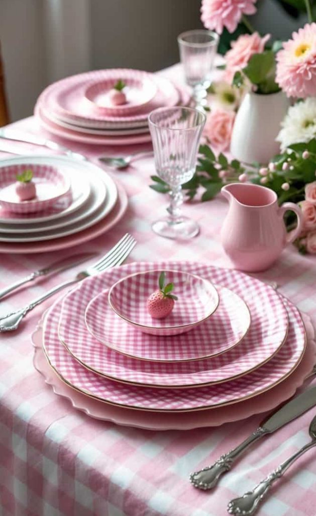 A table set with pink gingham plates, silver cutlery, and glassware on a matching tablecloth, decorated with pink flowers and small strawberries as plate garnishes.