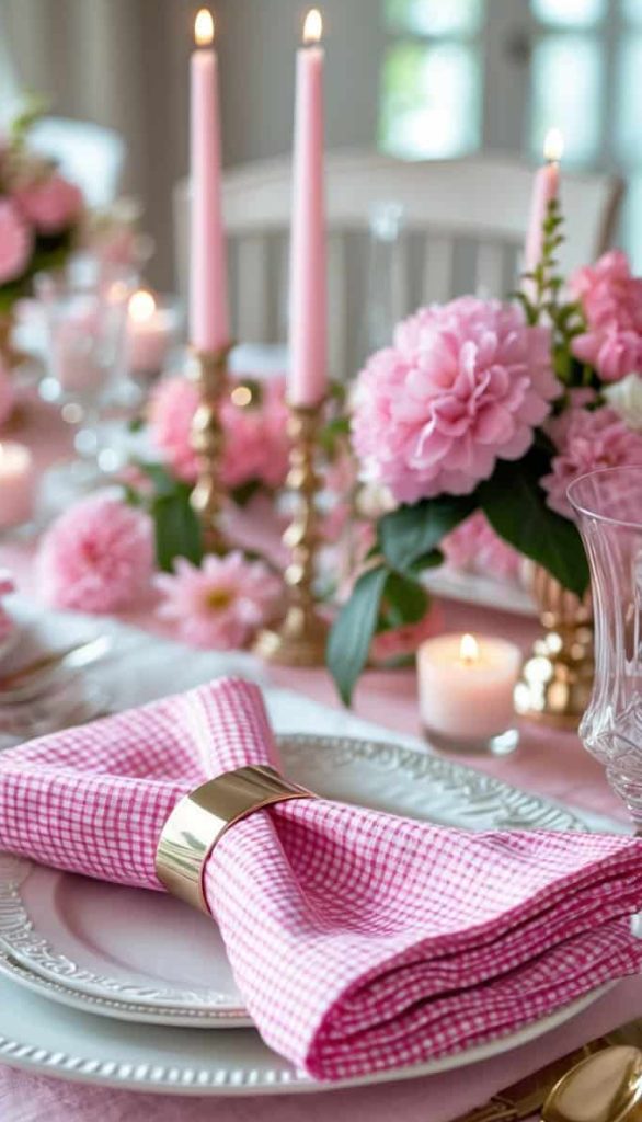 A table set with white plates, a pink gingham napkin with a gold ring, pink flowers, lit candles, and pink taper candles in gold holders.