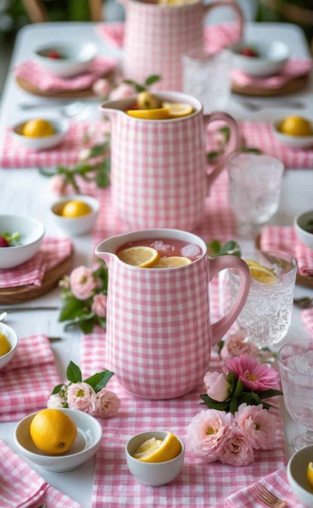 A table set with pink gingham pitchers of lemon water, matching napkins, flowers, clear glasses, and small bowls of lemons and berries.