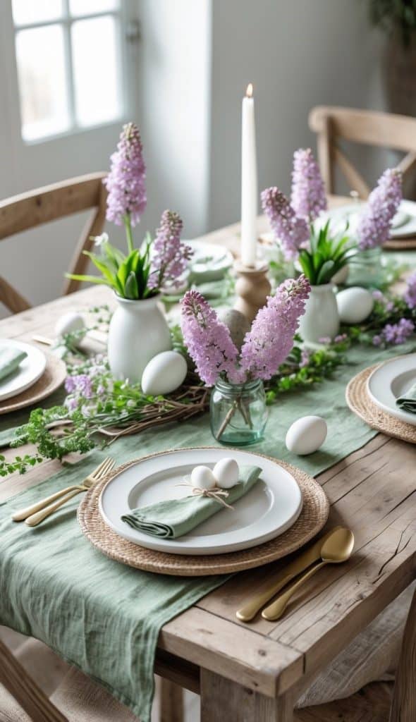 A wooden dining table set with white plates, gold cutlery, green napkins, lilac flowers in vases, white eggs, and a white candle, creating a spring-themed arrangement.