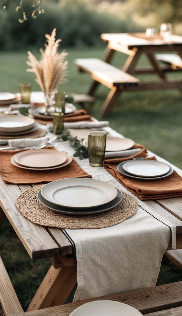 Outdoor picnic table set with layered linen placemats in earth tones, simple plates, and glassware surrounded by greenery.