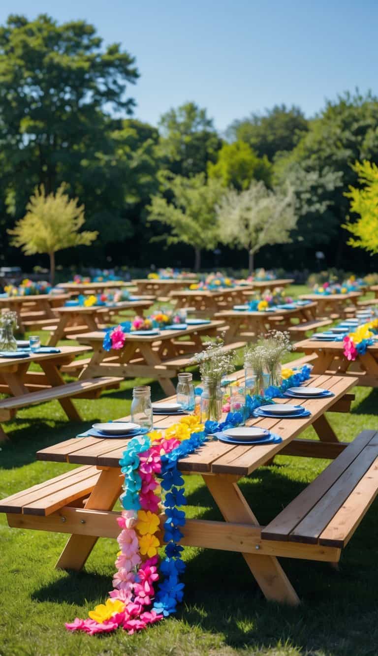 Outdoor picnic area with many wooden tables decorated with colorful handmade paper flower garlands and simple table settings surrounded by green trees.