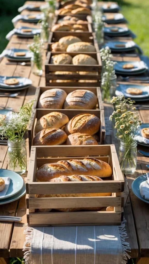 A long outdoor table set for a meal, featuring crates of assorted bread loaves and small pies, with simple floral arrangements in jars.