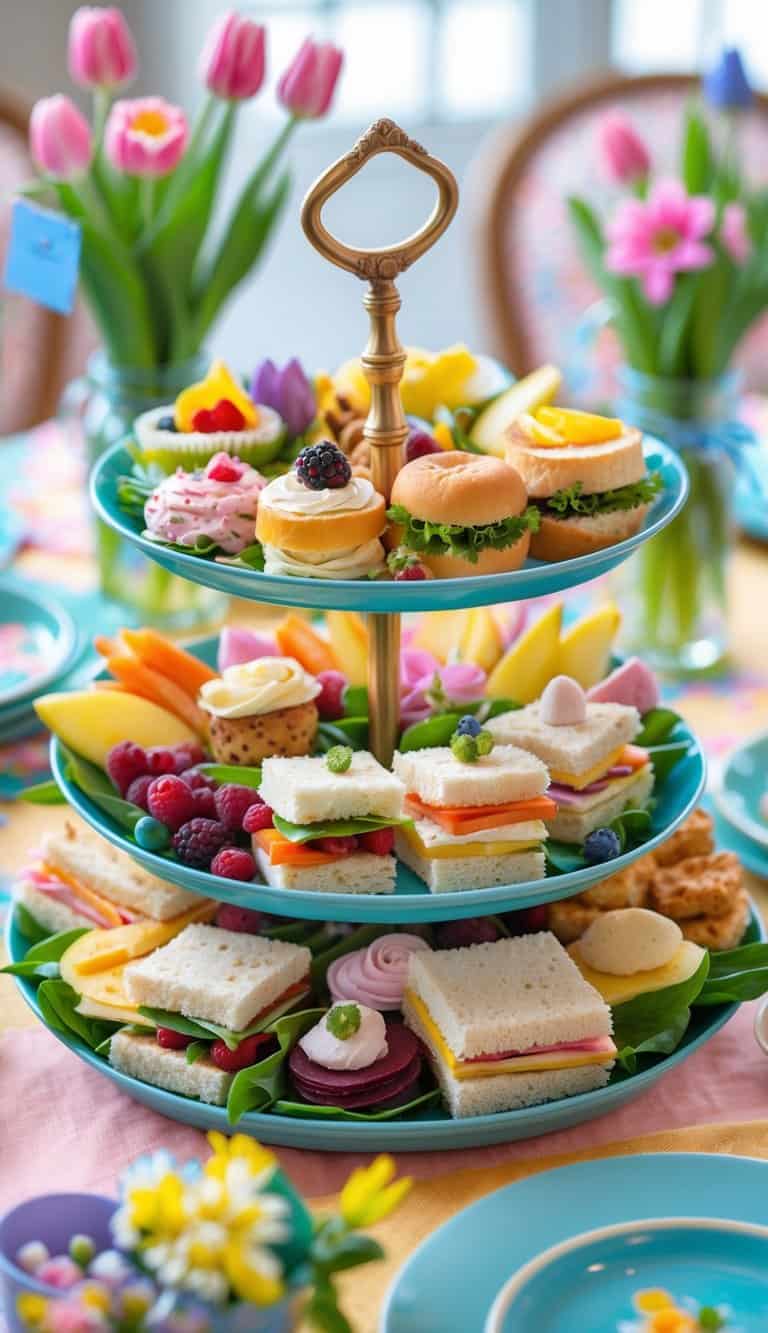 A tiered tray filled with spring-themed finger foods on a decorated dining table with fresh flowers and pastel table linens.