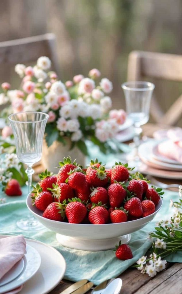 A bowl of fresh strawberries sits on a set dining table with plates, glasses, cutlery, and a floral centerpiece.