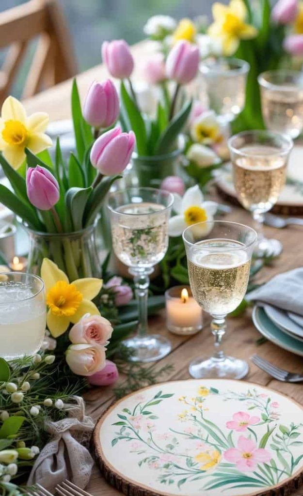 A wooden table set for a meal with floral plates, silverware, wine glasses, lit candles, and vases of tulips and daffodils as decoration.